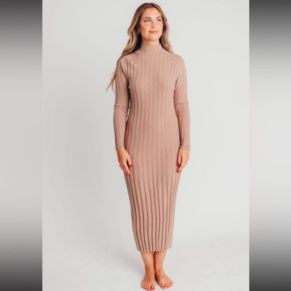 Medium Ribbed Knit Mock Neck Midi Sweater Dress - color Cashmere